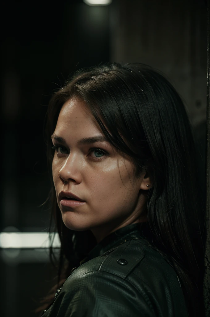 Ronda Rousey with long dark hair, beautiful detailed eyes, beautiful detailed lips, extremely detailed face, intense expression, wearing a black and green military-style outfit, standing in a dark gritty urban environment, cinematic lighting, film grain, 8k, highly detailed, photorealistic