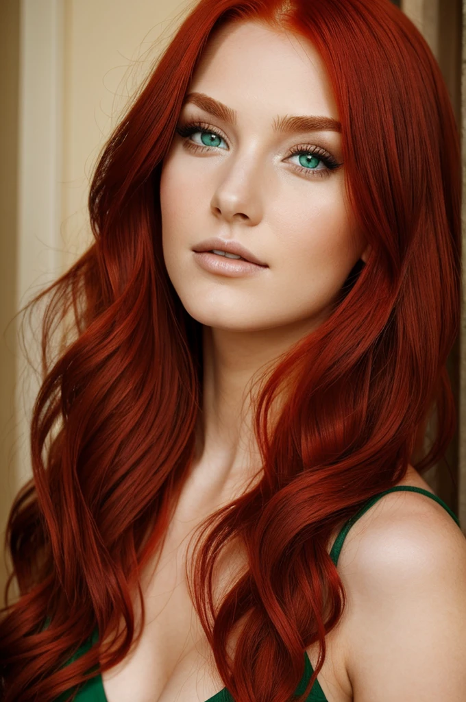 portrait of a woman (((long red hair))) Profile, with wine lipstick and wine dress