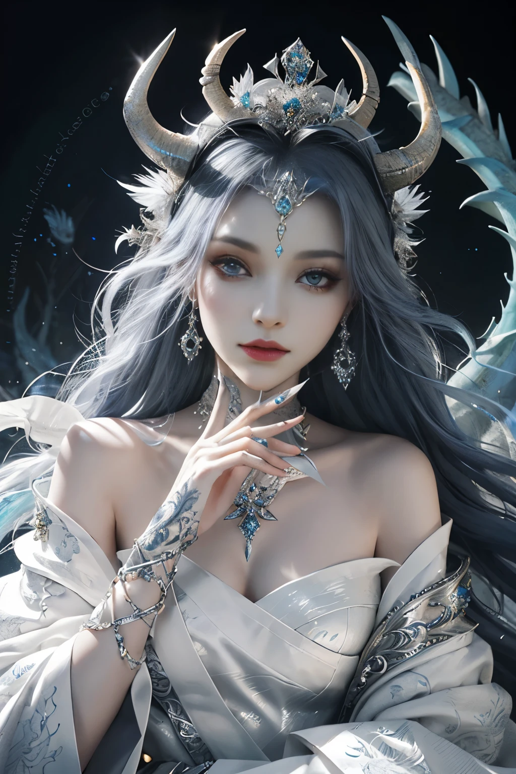 A closer look at a woman adorned in a pristine white dress, her head crowned with two majestic white horns, symbolizing her regal status as a queen of demons. Her features are strikingly beautiful, embodying the essence of a succubus, with captivating dark eyes and a devilishly enchanting smile. The dragon, an intricate and meticulously crafted headdress, wraps around her head, adding an air of mystique and power. This hyper-detailed fantasy character boasts of exquisite details in her intricate attire, with every feather and scale on the dragon shimmering in the light, capturing the essence of a