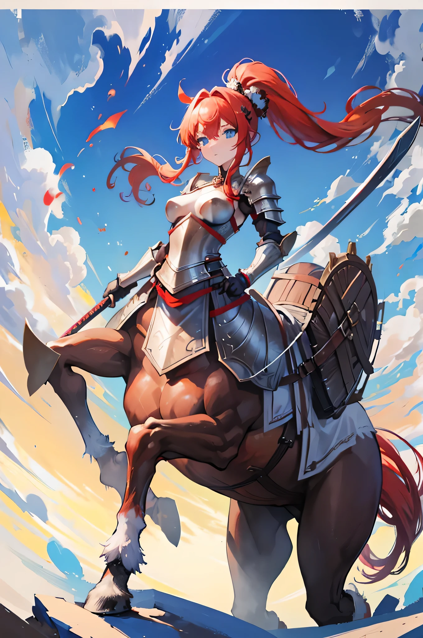 4K,High resolution,One Woman,centaur,Red Hair,Long Ponytail,Blue Eyes,Brown fur,Ancient Chinese Generals,Ancient Chinese White Armor,Heavy Armor,Full Armor,hair band,Long sword