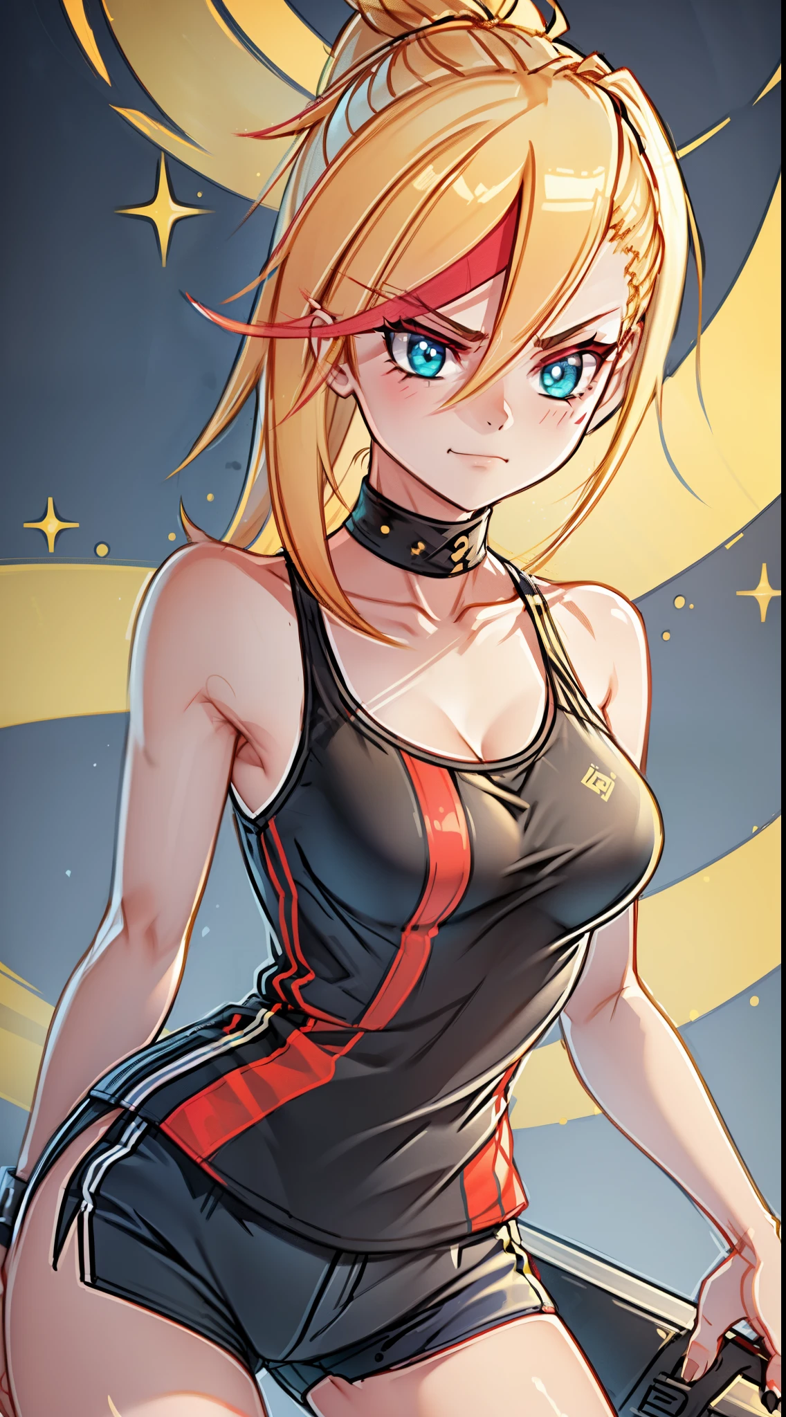 young girl,  ultrs long blonde hair, Hairpin with a bundle, turquoise eyes, Yakuza tattoos, red tight uniform, Sleeveless, Wide neckline on the chest to the abdomen, Gold Elements, Red gold armor, Shorts, claws, smirk, Masterpiece, hiquality, 4k, HD, Good detail