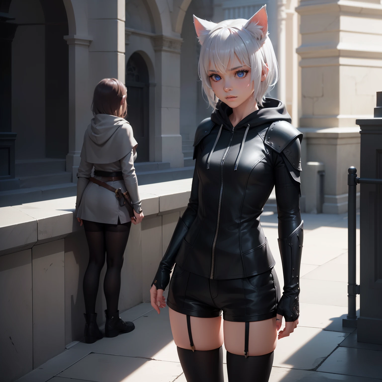 1 girl, character with cat ears, silver hair, short hair, beautiful detailed eyes, beautiful detailed lips, extremely detailed eyes and face, long eyelashes, wearing black hooded outfit, thigh-high stockings, garters, short shorts, (best quality,4k,8k,highres,masterpiece:1.2),ultra-detailed,(realistic,photorealistic,photo-realistic:1.37),concept art, fantasy, cinematic lighting, dramatic shadows You decided to wear a hoodie and covered your body, hiding yourself Rey 