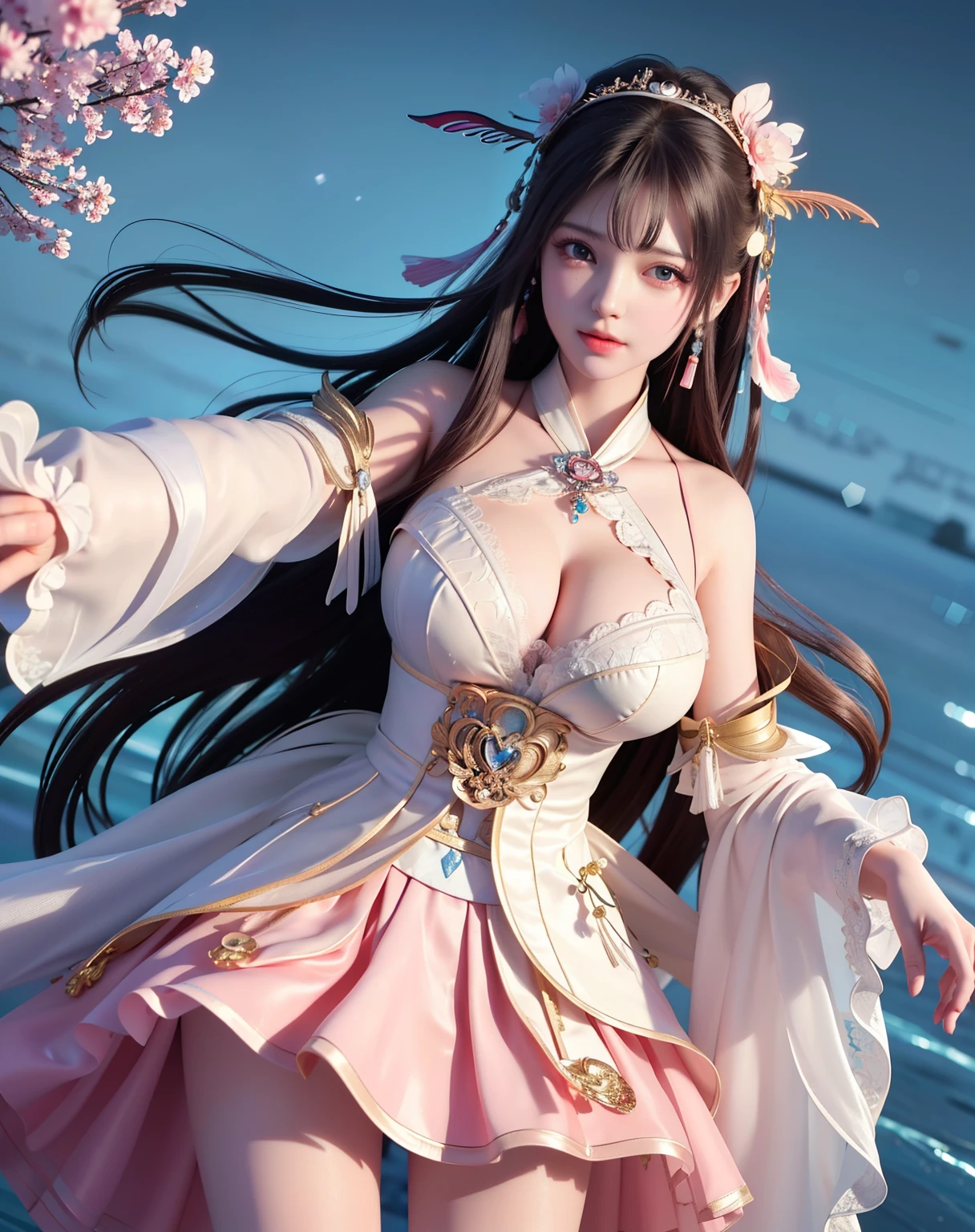 (8k, RAW photo:1.2), best quality, ultra high res,dramatic angle,(fluttered detailed color splashs), (illustration),(((1 girl))),(long hair),(rain:0.9), (Headdress:1.4),There is an ancient palace beside the girl,Hanfu,(Key Points),Color ink painting,(Splash of Color),Splash of Color,(((colorful))),(sketch:0.8) , Masterpiece, best quality, beautiful painted, highly detailed,(denoising:0.6),[splash ink],((ink refraction)), (beautiful detailed sky),moon,highly,detaild,(masterpiece, best quality, extremely detailed） CG Unity 8k Wallpaper，masterpiece，best quality，Ultra Detailed），（Lycoris）.shoulder ballet dress open V-chested clothes Thin silk lace dress short skirt , (huge ，cleavage),, white pink, blue ，best qualtiy，tmasterpiece，Ultra-high resolution，（Reality：1.4），RAW photogr，（True skin texture：1.3），（filmgrain：1.3），（Selfie angle），1个Giant Breast Girl，Beautiful eye and face details，tmasterpiece，Best quality at best，，The chest more exposed， detailed hair, bra pink , detail 8k, full body, lace petticoat. lying on bed