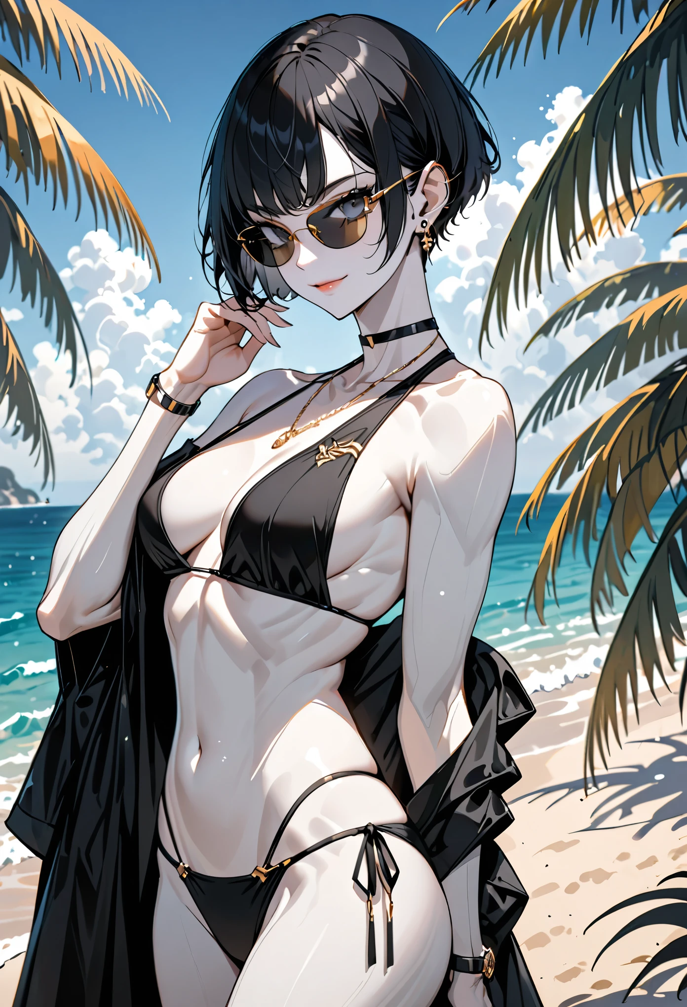 solo, female, tall, elegant, sunglasses, bodyguard, broad shoulders, pixie cut, black hair, pale skin, athletic, very tall, sober bikini, black clothes, small smile, medium shot, luxurious beach, classy, professional, earpiece, muscular, cute pose
