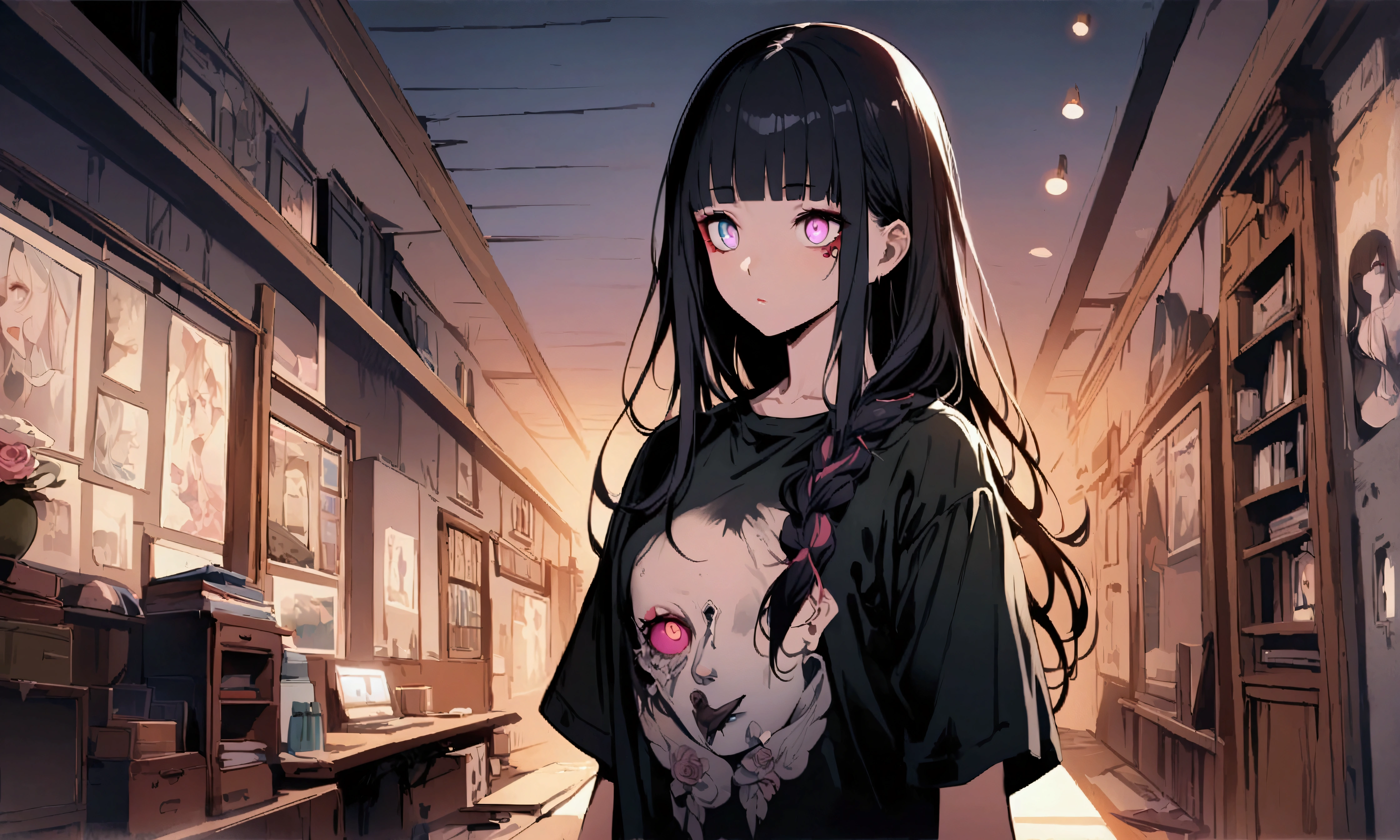 profile、super fine illustration,(((beautiful fine hair))),(((beautiful fine face))),(((beautiful fine background))),2人のgirl、Bobcut、Black Hair、Blunt Bangs、PC in the room、Horizontal composition、Step Piece、Highest quality、Best illustration、Super detailed、girl、Pink Rose Long Hair、Black Shirt、Pleated skirt、Side braided hair、crazy、standing with an eerie feeling、Ruined Background、Unusual sneakers、Eyeshadow on eyes、Unusual eye color、Eyes of Terror、Bright eyes、Cool Shot