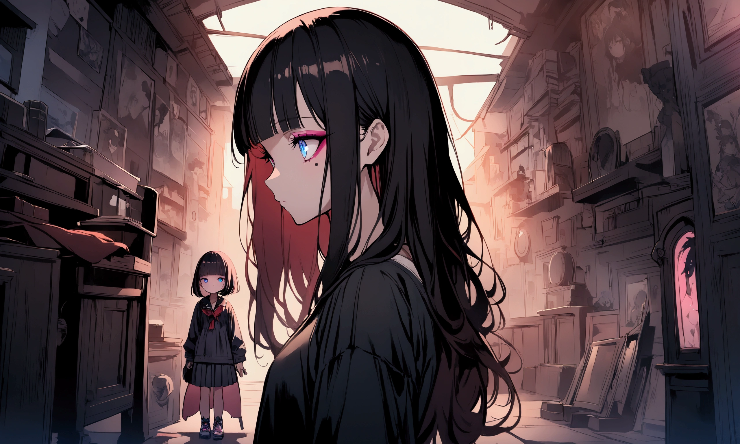 profile、super fine illustration,(((beautiful fine hair))),(((beautiful fine face))),(((beautiful fine background))),2人のgirl、Bobcut、Black Hair、Blunt Bangs、PC in the room、Horizontal composition、Step Piece、Highest quality、Best illustration、Super detailed、girl、Pink Rose Long Hair、Black Shirt、Pleated skirt、Side braided hair、crazy、standing with an eerie feeling、Ruined Background、Unusual sneakers、Eyeshadow on eyes、Unusual eye color、Eyes of Terror、Bright eyes、Cool Shot