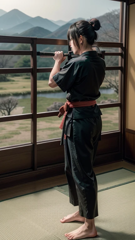 Create a richly detailed image that depicts the history of feudal Japan. The scene must include:
paisaje: A traditional Japanese setting with mountains in the background, ancient temples, and cherry blossom trees. The environment should evoke an atmosphere of tranquility and respect for nature.
samurais: Various samurai in their traditional armor, wielding katanas and in poses that suggest discipline and readiness. They must be in a dojo or training camp, performing Jiu-Jitsu techniques or in simulated combat.
ancient manuscripts: In the foreground, include a low wooden table with ancient martial arts manuscripts spread across it. Manuscripts must be open, showing illustrations of techniques and writings in kanji.
Additional Elements: Incorporate details like paper lanterns, banners with symbols of samurai clans, and tatami. Small details like scrolls hanging on the walls with traditional Japanese calligraphy can enrich the image..
Lighting should be soft and natural, like the light of dawn or dusk, to give a feeling of antiquity and serenity
