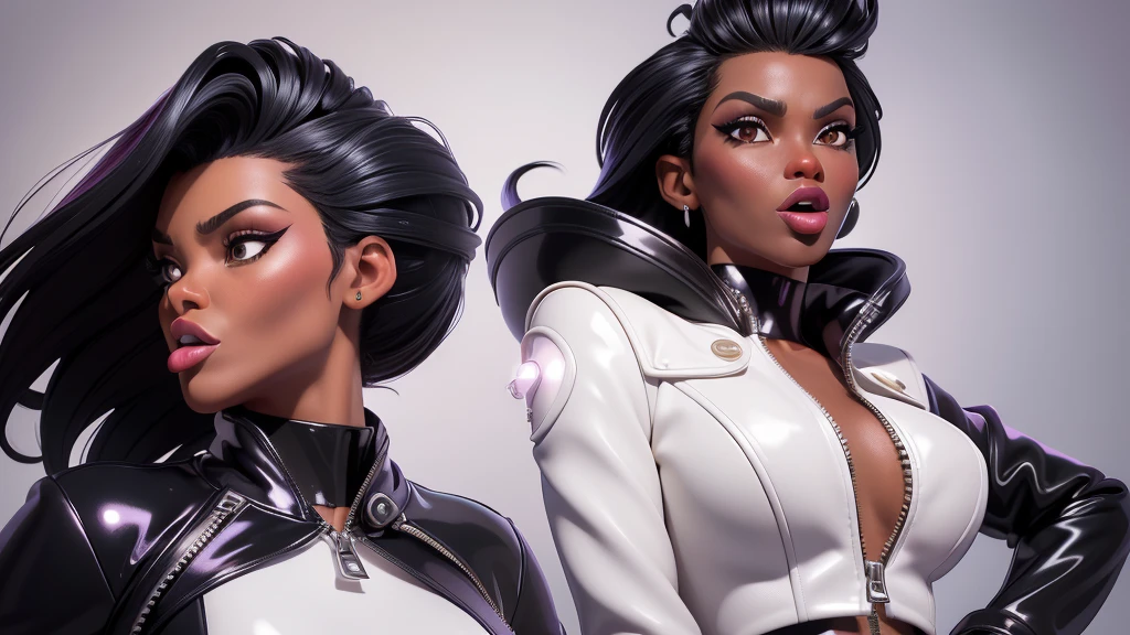 obra prima, melhor qualidade, ((two women only,)) ((grace jones, dark black skin, jet black mullet hair, puffy duck lips, shiny pearl lipstick,)) head back, ((sexy sultry wicked look, open mouth, pucker mouth,)) ((wearing shiny periwinkle pvc biker blazer,)) ((jacket is unzipped and wide open, small breasts, nip slip,)) jacket has padded ???? shoulders, shiny leather gloves, ((shiny cream white micro mini pvc skirt,)) body is skinny, shiny tight buttocks, ((in luxury convertible, sexy tongue kissing, stick shift between legs,)) (camera view of whole body,) looking up at me, shallow depth of field, highres, HD, 8k, anatomically correct