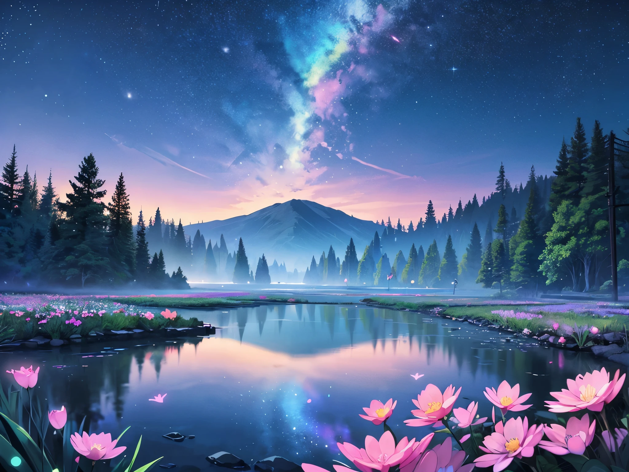 A mystical grove, with luminous flowers, multicolored neon butterflies, crystal clear water, beautiful trees, (((unique view with extremely vivid multicolors without any people))), {extremely detailed 16k CG unity wallpaper}, expansive natural landscape photography, (wide open field view), (low angle shot),complex details, (iridescent colors: 1.6), (bright lighting), (atmospheric lighting), Dreamy, unique, no people, reflections perfect,(no humans),landscape only, pixiv_fantasia,starry pond