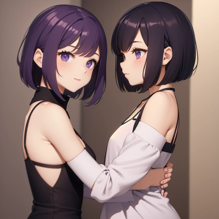 pale skin, purple hair, green eyes, ponytail, short hair, choker, messy hair, 2girls, auburn hair, single braid, red eyes, large breasts, size difference, small breasts, black hoodie, tight dress, eyepatch,