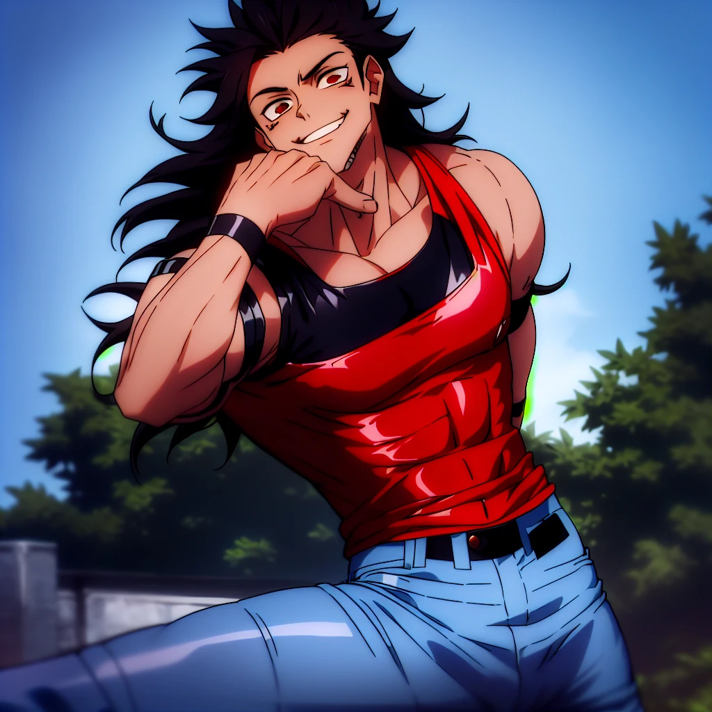 highres,High quality,(Beautiful), ((masterpiece)),(naughty man) (long black  hair) (Eyes red) (muscled body) (wears a black leather jacket) (White tank top) (blue jeans) (sujo de sangue) (sorriso sádico e debochado)
