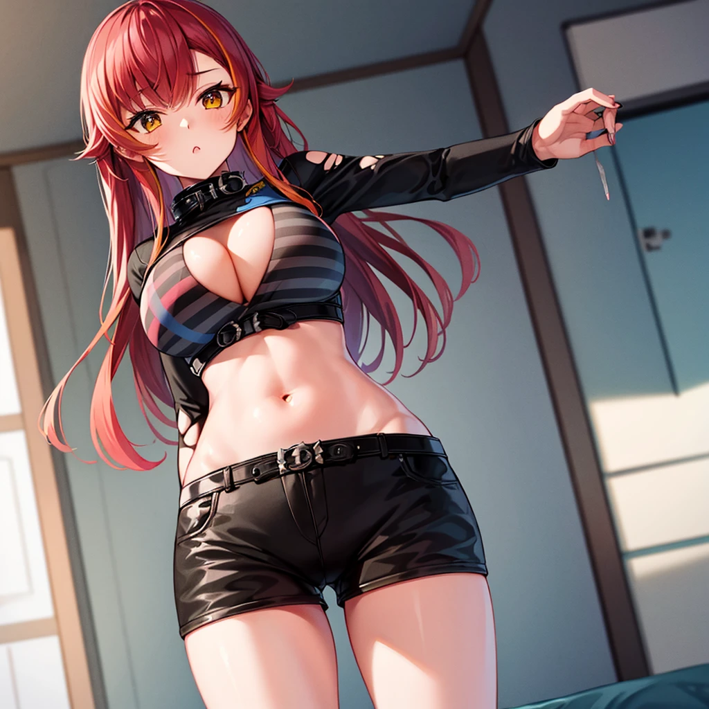 aatsuna, long hair, multicolored hair, large breasts, black collar, cleavage, striped bikini, black shirt, torn clothes, long sleeves, midriff, black belt, black shorts, short shorts,(((Big Breasts,naked,show off pussy,マンコを広げる,)))