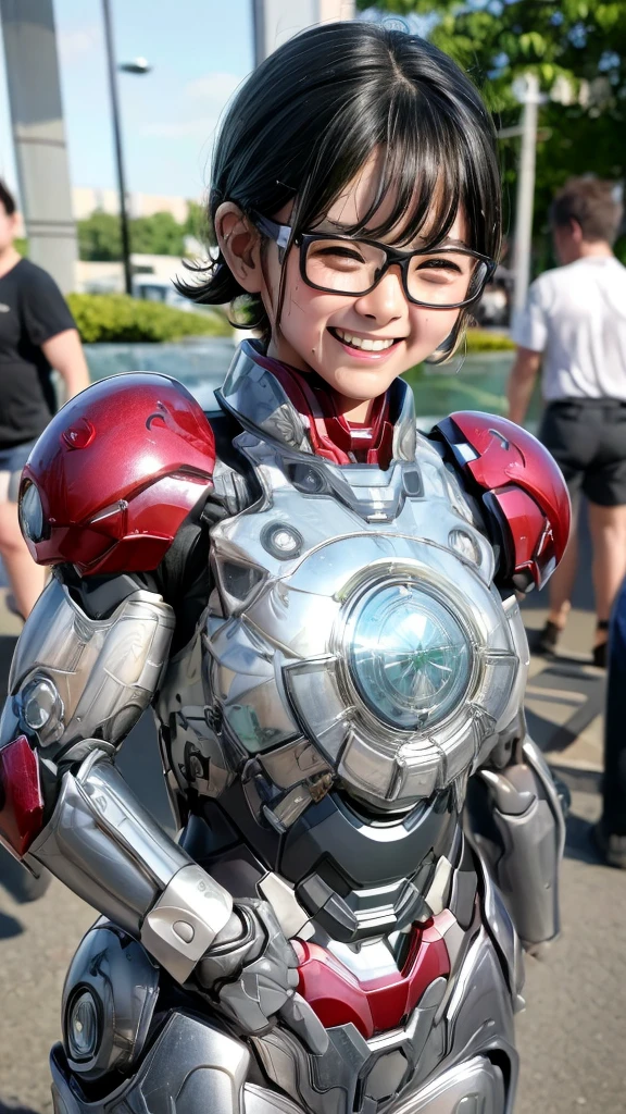 Highest quality　8k Two Iron Man suit girls　Kindergarten girl　Sweaty face　cute　short hair　boyish　Steam coming out of my head　My hair is wet with sweat　The feel of black hair　whole bodyポートレート　My upper body is soaked　Glasses　smile　Laughing with your mouth open　Sweaty hair　whole body