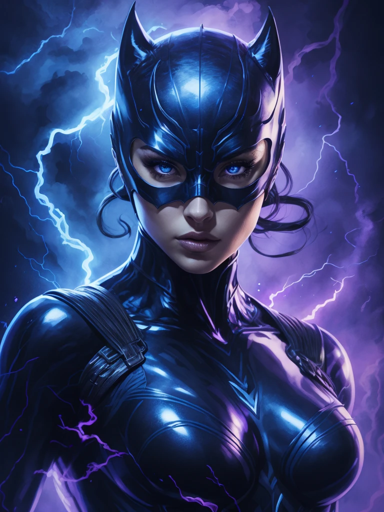 4K UHD illustration, upscaled professional drawing HDR, from DC comics in dynamic pose, full body image (:1.8) stunningly beautiful blonde woman, intense blue eyes, eyebrows toned skin, detailed catwoman mask, gloss white form fitting full length bodysuit, full lips, lips parted looking-into-camera, glowing lightning in background, swirling smoke eminating from fingertips, abandoned dojo background, detailed night time, thunderstorm atmosphere, glowing blue eyes emitting eeire spectral glow, purple lightning thunderstorm in background, 300dpi, masterpiece style, painting style, stroke style in a dark background,watercolor, charcoal, pen & Ink, tshirt design style, aesthetic for Tshirt design, darktone