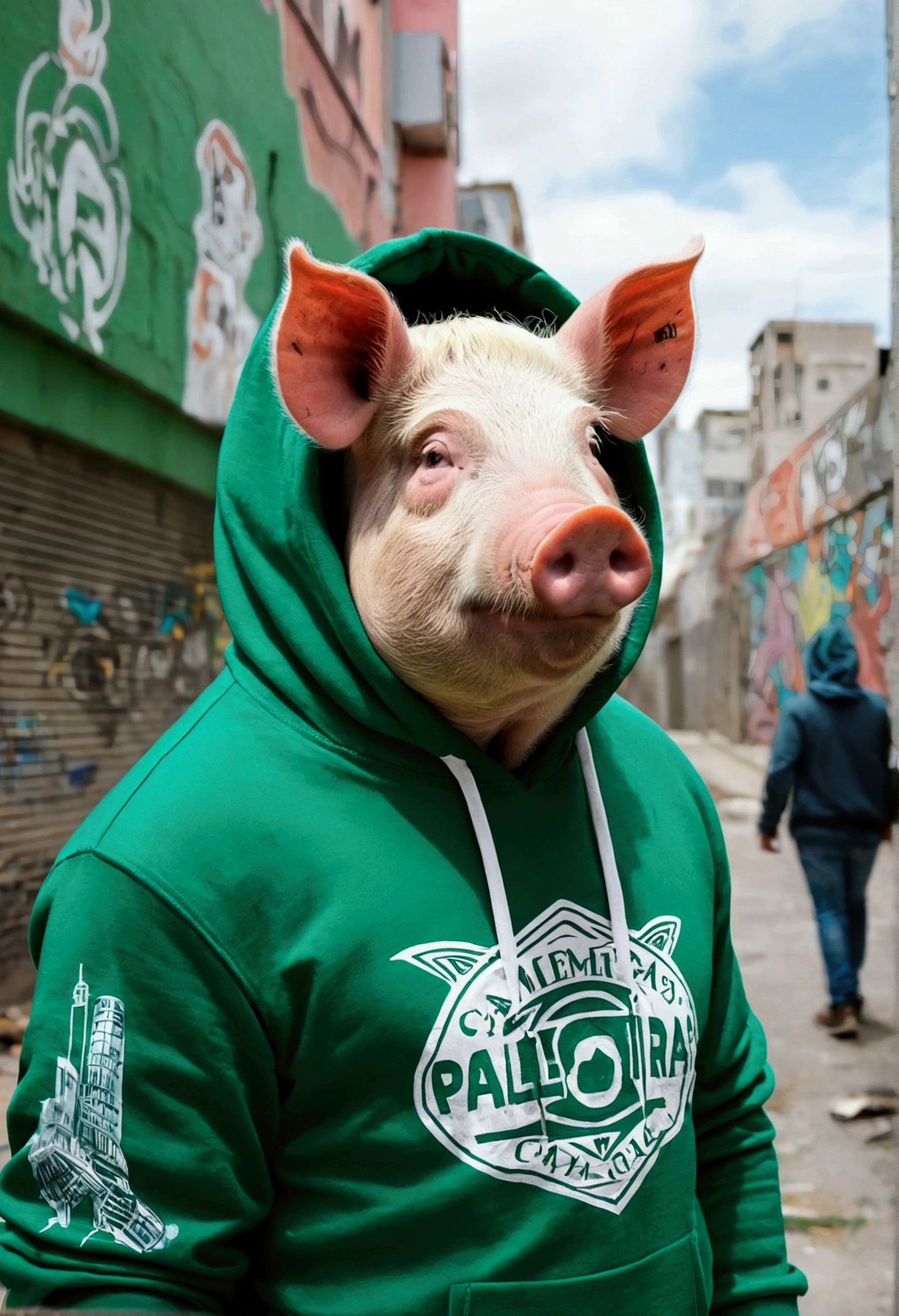 Generate an antropomorphic pig wearing a green hoodie with white details in a city background with grafitti on the walls written Palmeiras