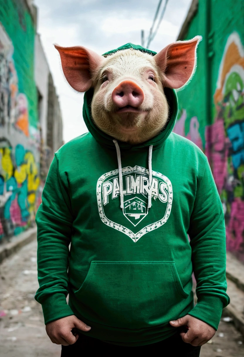 Generate an antropomorphic pig wearing a green hoodie with white details in a city background with grafitti on the walls written Palmeiras
