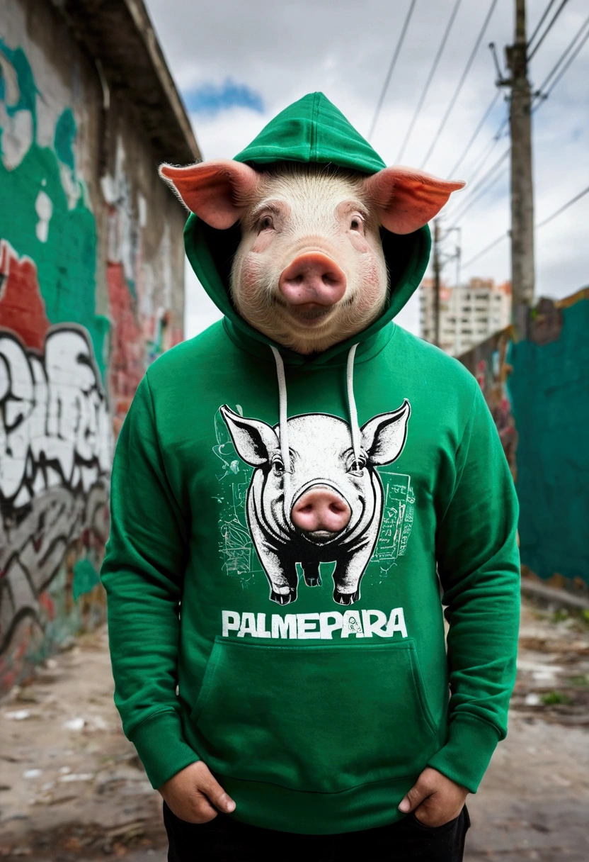 Generate an antropomorphic pig wearing a green hoodie with white details in a city background with grafitti on the walls written Palmeiras
