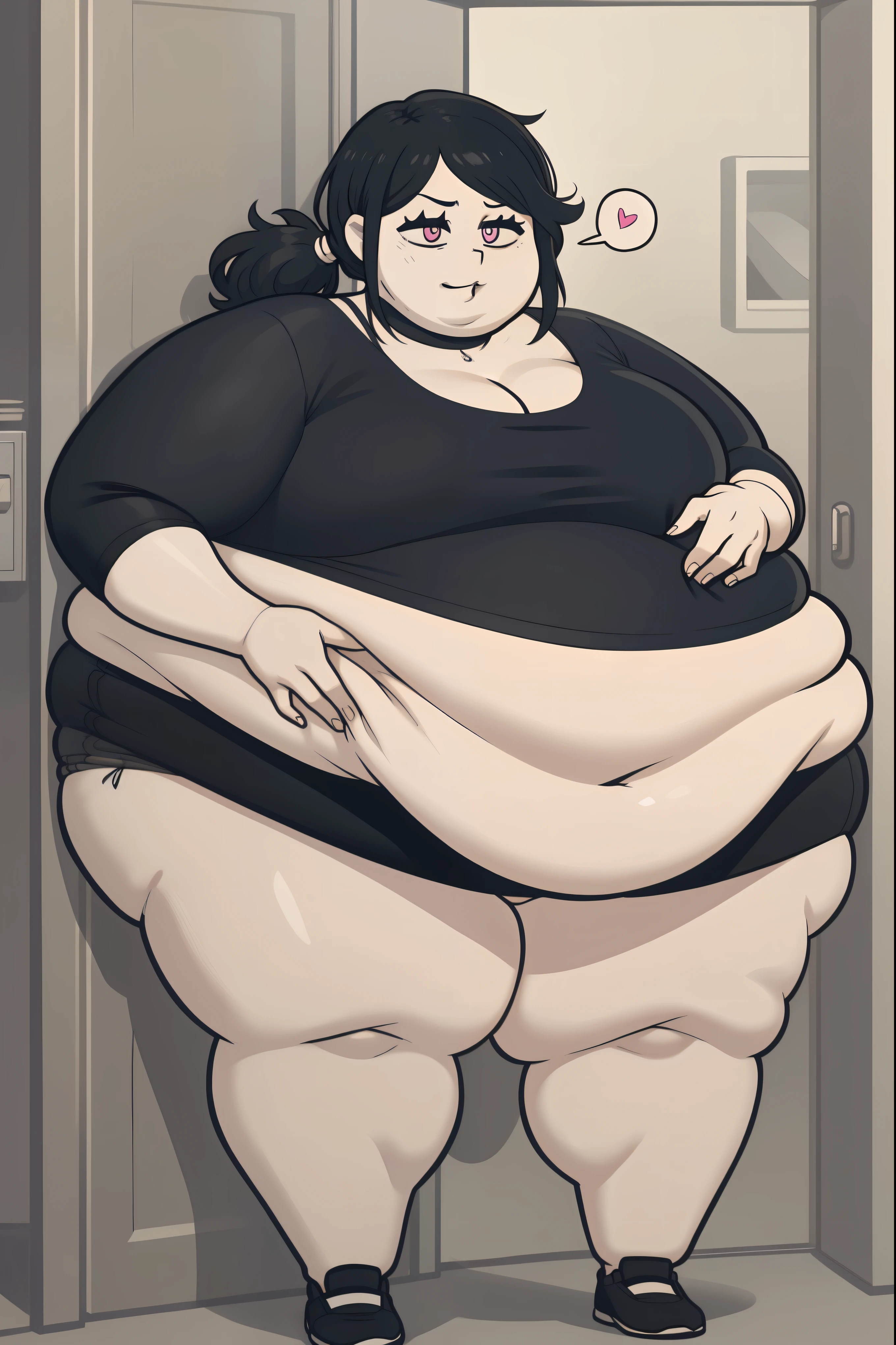 Morbidly obese, full body, arched back, highres, ashleygraves, 1girl, solo, wide open eyes, pink eyes, low ponytail, white outline, monochrome, choker, indoors, smile, looking at viewer, <3, full body, one hand, spoken heart, zoomed out, Round face, double chin, fat chin, fat cheeks, fat neck, round face, SSBBW, flabby arms, round face, double chin, fat double chin, big double chin, fat neck, chubby cheeks, fat thighs, fat calves, morbidly obese, flabby , giant , large belly, obese, fat face, belly, double chin, obesity, flabby breasts, fat arms and legs, fat everything,