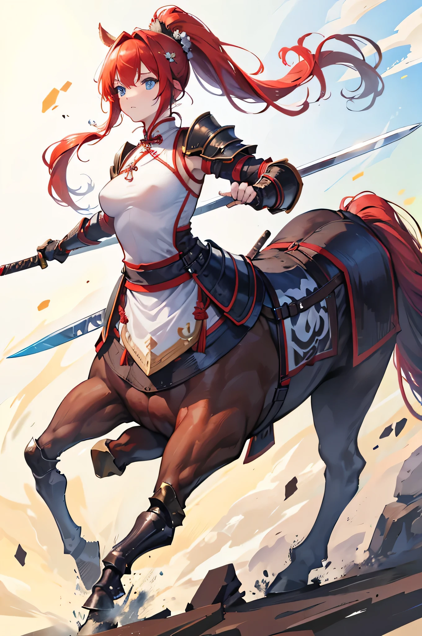 4K,High resolution,One Woman,centaur,Red Hair,Long Ponytail,Blue Eyes,Brown fur,Ancient Chinese Generals,Ancient Chinese White Armor,Heavy Armor,Full Armor,hair band,Long sword
