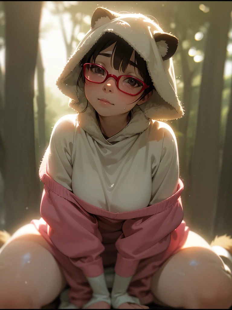 (Sumilux f1.4 75mm , low Latitude old color negative film , cross process , bokeh, flare, chromatic aberration , soft focus, (Shallow focus) , soft glow , Maximum aperture, High Key , Transparent depiction) , anime female raccoon dog , kawaii butter face , two apart melons , (lotion on face) , Thick-rimmed glasses , in the foggy forest , (clothed erotica) , Kneeling , (looking up to the sky) , doggy style , A sloppy look , two Ripe Melons is hanging down