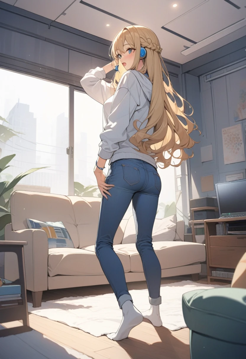 masterpiece, best quality, extremely detailed, ultra detailed, flat anime, 2D,
1girl, (young adult:1.2),blonde hair, (semi-long hair:1.2), curly hair, french braid, medium breasts, tsurime, height 1.7meters,
white hooded sweatshirt, jeans, earring,bracelet, long sleeves, ((Bluetooth small earphone)),socks,
Back view of a laptop computer,Operating a laptop computer,
from behind, full body, ((looking back)), open mouth, looking at another,Turn around from the right,
summer, livingroom, 12AM., standing