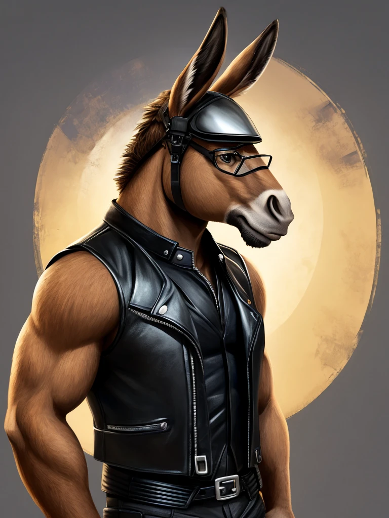 “Create an image of a donkey wearing a black leather motorcycle vest. Make sure the donkey is prominent and the vest details, helmet and glasses are clearly visible. The background must be simple to highlight the donkey and its clothing.”