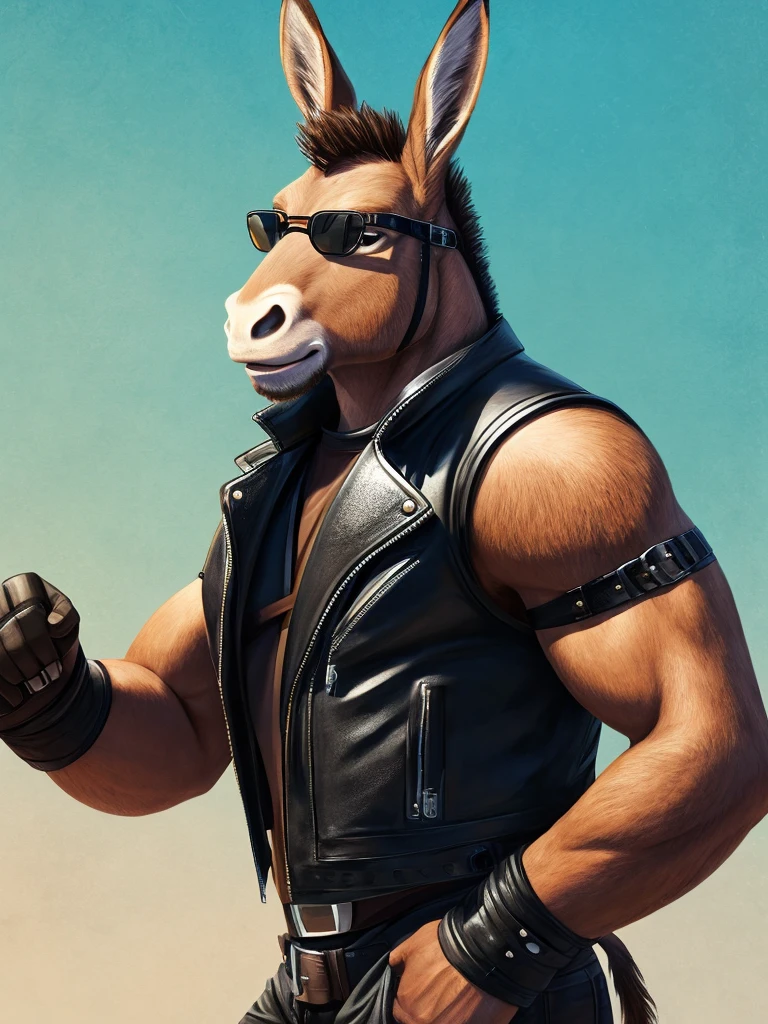 “Create an image of a donkey wearing a black leather motorcycle vest. Make sure the donkey is prominent and the vest details, helmet and glasses are clearly visible. The background must be simple to highlight the donkey and its clothing.”