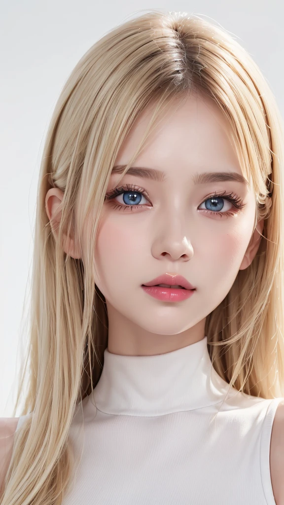 (((White background、rim light、lighting forward、High neck sleeveless、forehead、White Blonde、Blonde、White Background、whole body、Up to the waist、Upper body close-up)))、beautiful girl、Platinum Blonde Hair、Straight Long Hair、Big Blue Eyes、Nordic youth、Glowing Skin、Young and beautiful skin、A perfect and beautiful little face、Bright makeup、Pale pink lips、Bright expression、lipstick、Intricate details、High resolution、 Detailed features of face design、Big Breasts、face-friendly lighting