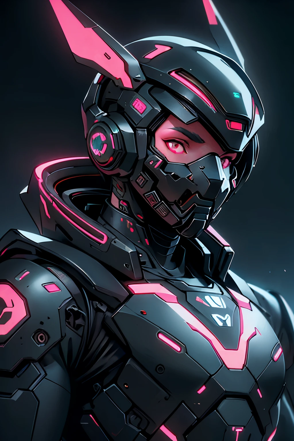 FUTURISTIC BOY WEARING A TECHNOLOGICAL ARMOR WITH A HIGH-TECH DRONE CONTROL MASK IN BLACK COLORS WITH NEON RED DETAILS, octane render, highly detailed, volumetric, dramatic lighting, 8K, UHD