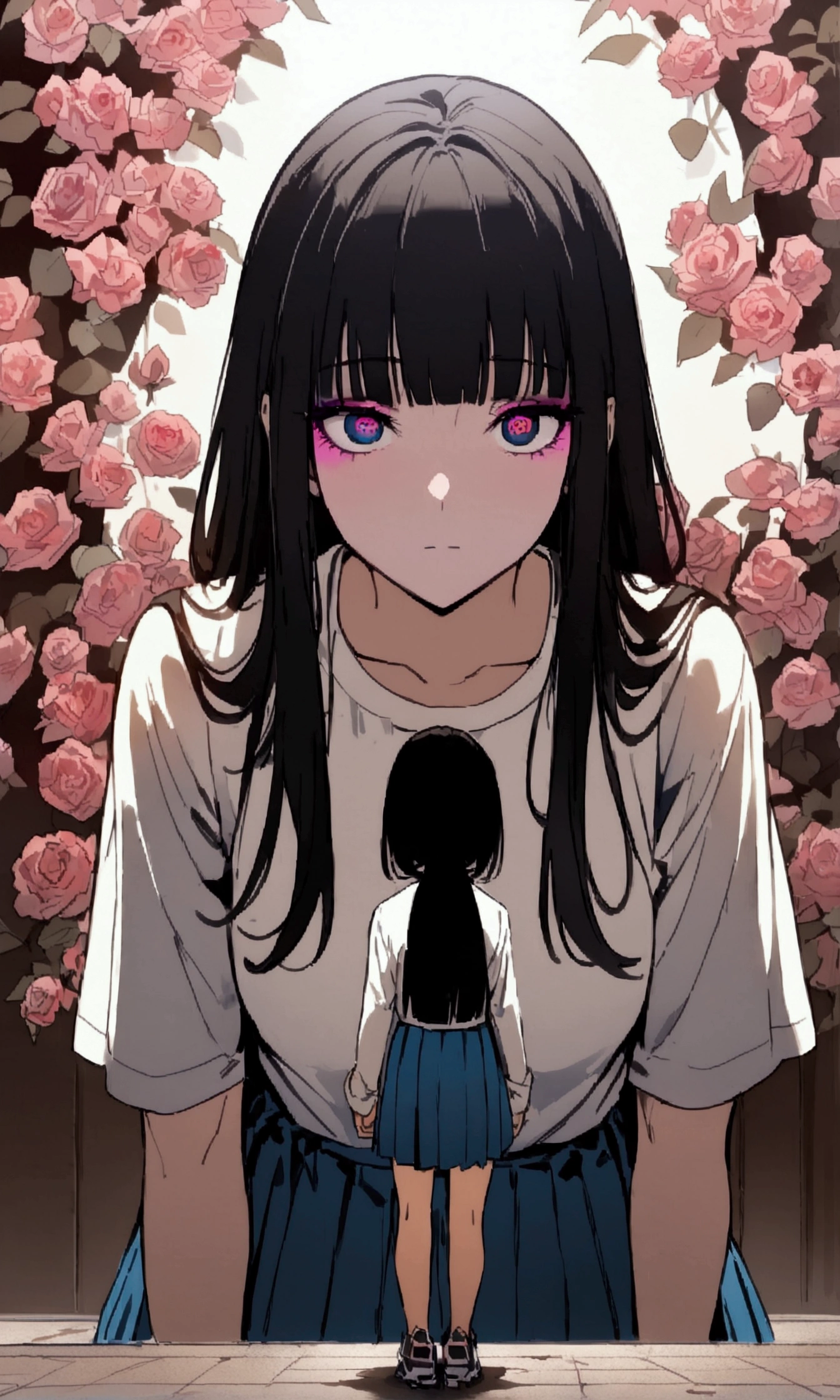 face down、Lewd Eyes、Scornful Eyes、front、super fine illustration,(((beautiful fine hair))),(((beautiful fine face))),(((beautiful fine background))),2人のgirl、Bobcut、Black Hair、Blunt Bangs、PC in the room、Horizontal composition、Step Piece、Highest quality、Best illustration、Super detailed、girl、Pink Rose Long Hair、Black Shirt、Pleated skirt、Side braided hair、crazy、standing with an eerie feeling、Ruined Background、Unusual sneakers、Eyeshadow on eyes、Unusual eye color、Eyes of Terror、Bright eyes、Cool Shot