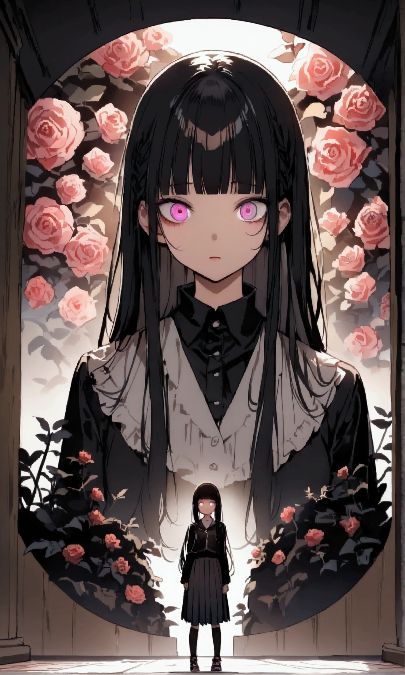 face down、Lewd Eyes、Scornful Eyes、front、super fine illustration,(((beautiful fine hair))),(((beautiful fine face))),(((beautiful fine background))),2人のgirl、Bobcut、Black Hair、Blunt Bangs、PC in the room、Horizontal composition、Step Piece、Highest quality、Best illustration、Super detailed、girl、Pink Rose Long Hair、Black Shirt、Pleated skirt、Side braided hair、crazy、standing with an eerie feeling、Ruined Background、Unusual sneakers、Eyeshadow on eyes、Unusual eye color、Eyes of Terror、Bright eyes、Cool Shot