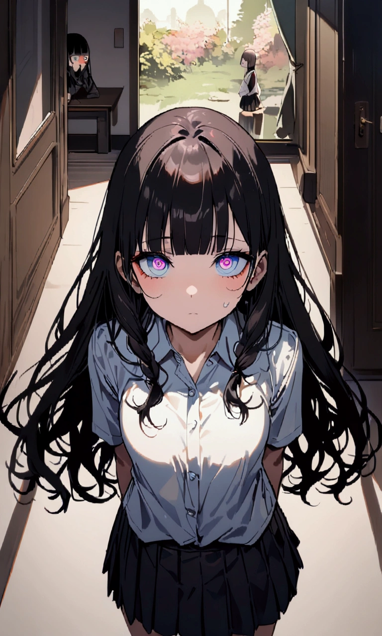 face down、Lewd Eyes、Scornful Eyes、front、super fine illustration,(((beautiful fine hair))),(((beautiful fine face))),(((beautiful fine background))),2人のgirl、Bobcut、Black Hair、Blunt Bangs、PC in the room、Horizontal composition、Step Piece、Highest quality、Best illustration、Super detailed、girl、Pink Rose Long Hair、Black Shirt、Pleated skirt、Side braided hair、crazy、standing with an eerie feeling、Ruined Background、Unusual sneakers、Eyeshadow on eyes、Unusual eye color、Eyes of Terror、Bright eyes、Cool Shot
