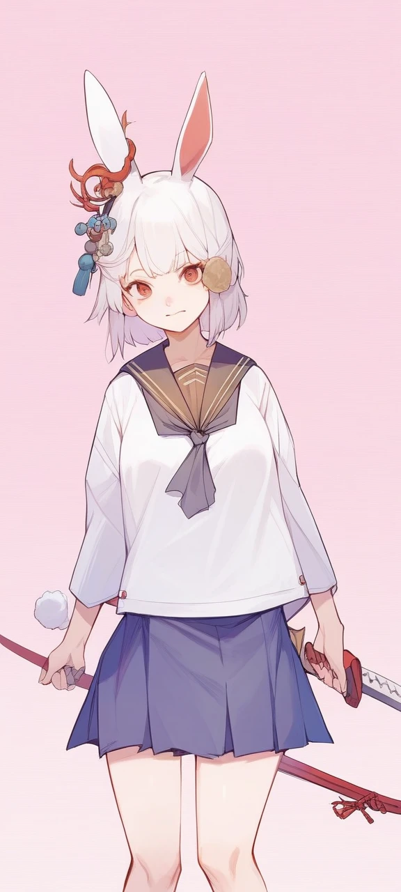 Make her a samurai with bunny ears and a sailor uniform in an RPG style.、Give a Japanese sword、High quality、4K,