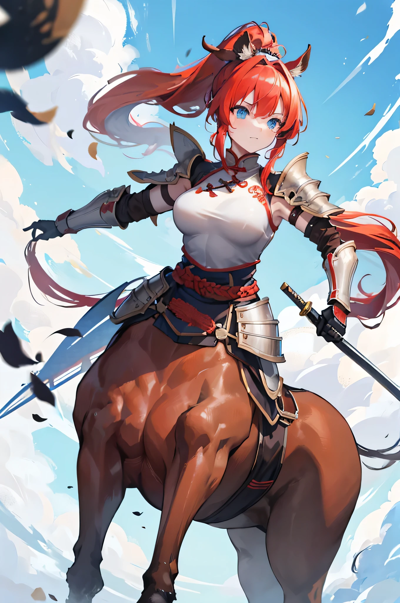 4K,High resolution,One Woman,centaur,Red Hair,Long Ponytail,Blue Eyes,Brown fur,Ancient Chinese Generals,Ancient Chinese White Armor,Heavy Armor,Full Armor,hair band,Long sword