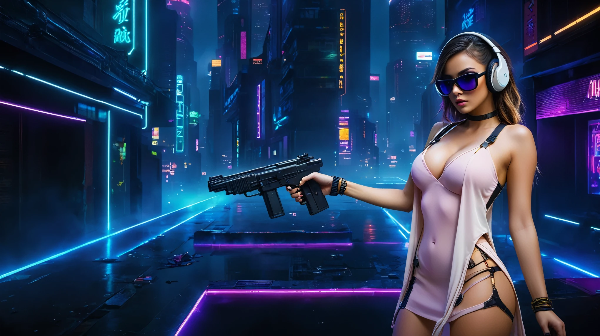 dark futuristic landscape, at night, neon lights, Atmospheric fog, large buildings in the background, futuristic city, streets with open shops, skyscraper (postapocalyptic city:1.3). (((1girl, solo, alone))), large-breast:1.2 slim body, cleavage:1.1, sexy miniskirt, (((headphone, black sunglasses, standing and holding pistol pose))), (((half-body thigh level medium shot))), cinematic lighting, lens flare, ray tracing.