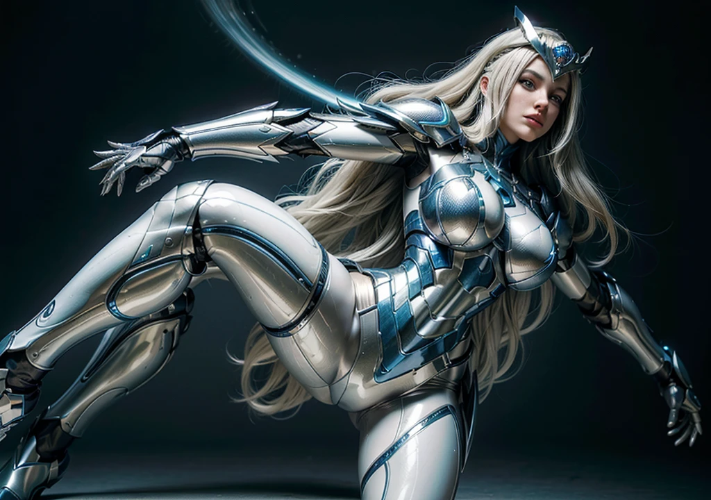 women attractive face beautiful full body, legs thick, hips. goddess with long white hair, ultra detailed eyes, on your head crown, wearing a blue suit of iron home style paladin powers, futurist. Armadura templária com detaileds de ouro, detaileds: 1.2) 4K Ultra HD, slr digital, soft lighting, high qualiy