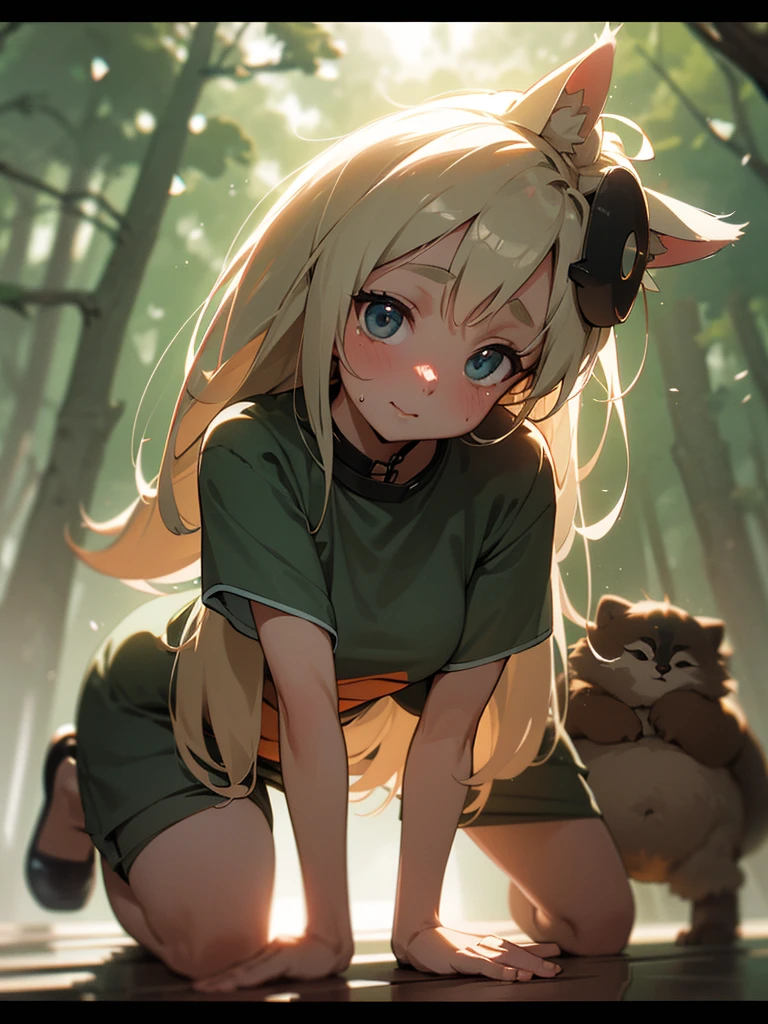 (Sumilux f1.4 75mm , low Latitude old color negative film , cross process , bokeh, flare, chromatic aberration , soft focus, (Shallow focus) , soft glow , Maximum aperture, High Key , Transparent depiction) , anime female raccoon dog , kawaii butter face , two apart melons , (lotion on face ) , in the foggy forest , (clothed erotica) , Kneeling , (looking up to the sky) , doggy style , A sloppy look , two Ripe Melons is hanging down