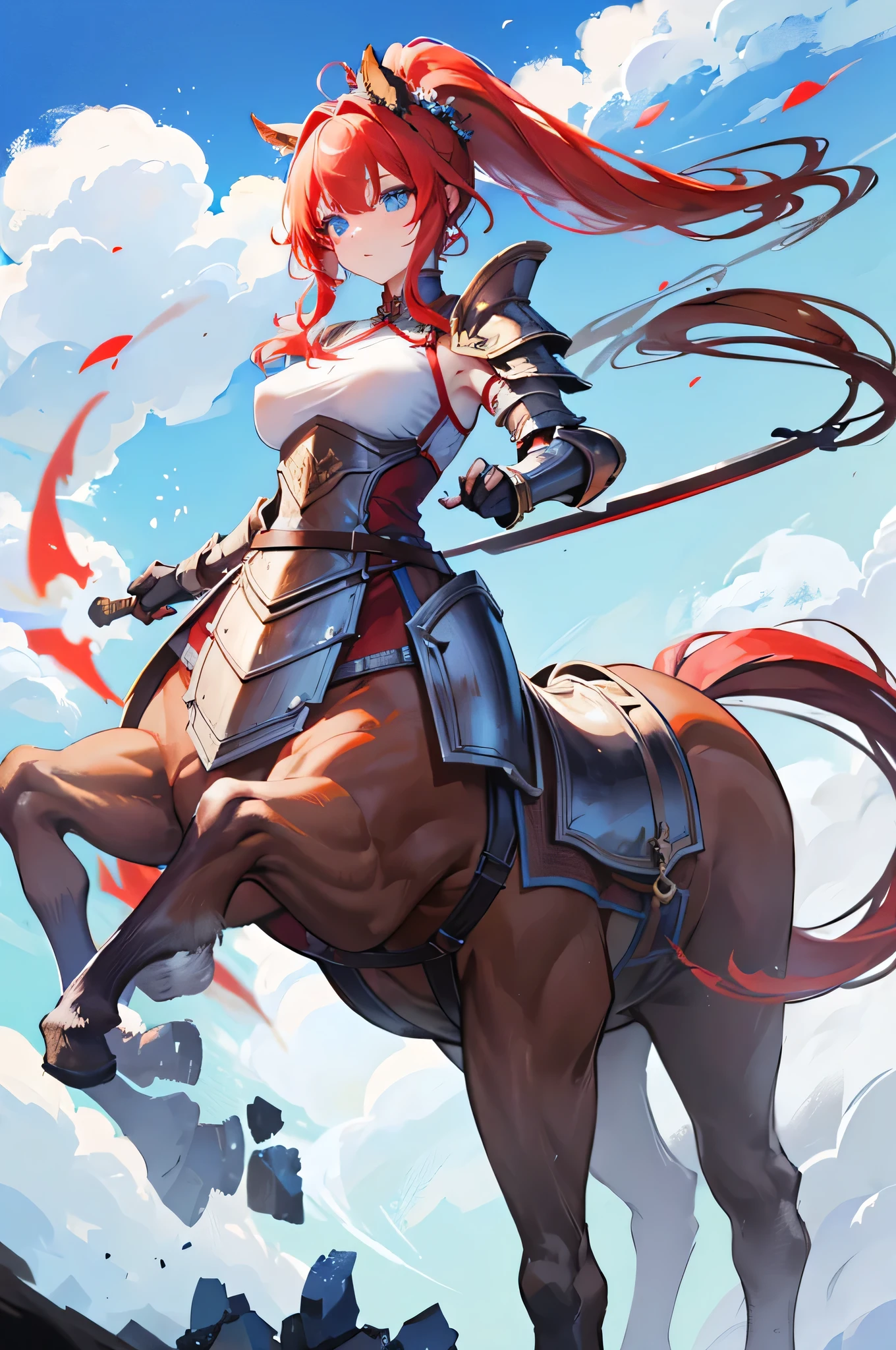 4K,High resolution,One Woman,centaur,Red Hair,Long Ponytail,Blue Eyes,Brown fur,Ancient Chinese Generals,Ancient Chinese White Armor,Heavy Armor,Full Armor,hair band,Long sword