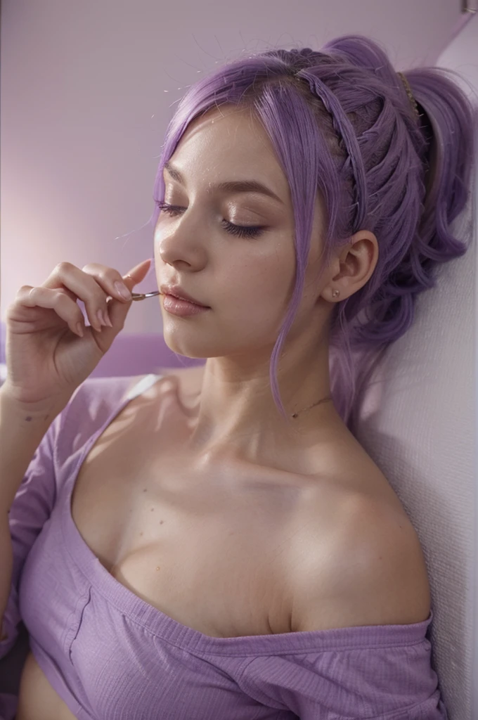 one American girl, realistic green eyes, long light purple lilac hair, plump lips, white fluffy towel laying on top of body, laying on her back on massage table, pov from above, soft smile, shiny skin, in a spa, plants in the corner of the room, non-nude, clothed in white fluffy towel, pov looking up at viewer