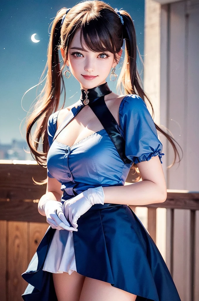 Honestly, Double Bang, Twin tails, Parted bangs, Circlet, jewelry, Earrings, choker, Red Bow, White gloves, Elbow hand pockets, Blue Skirt,  Are standing,  Outdoor,  Bright light on the face,
( Moon Background:1.1),Cowboy Shot,
Highest quality, Very detailed,photoRealistic, Realistic, masterpiece, Absurd, Detailed skin texture, (Detailed eyes, Deep Eyes,Hair Details:1.0),Incredibly fine pupils,
One girl,alone,(smile:1.2),(Happy:1.1), Tight waist,Large Breasts,