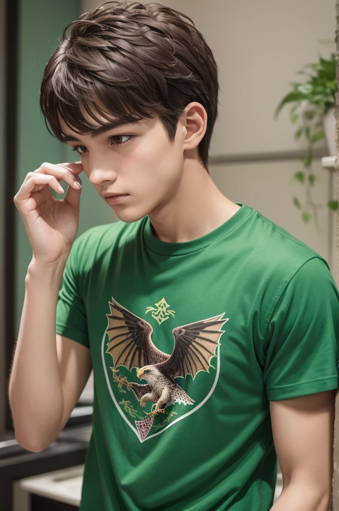 A teenager with similar characteristics to a hawk.  A t-shirt with a green dragon print. 