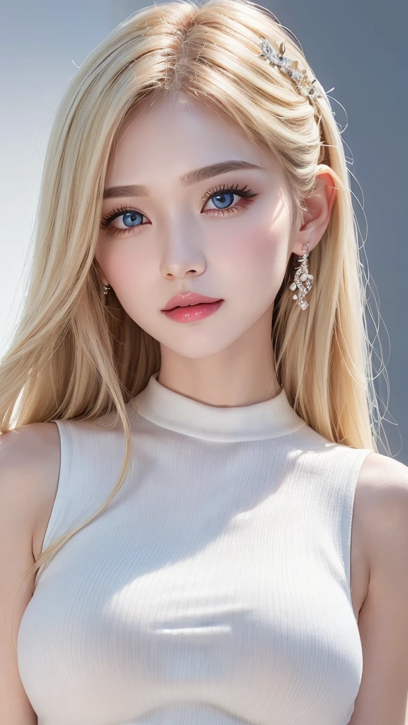 (((White background、rim light、lighting forward、High neck sleeveless、forehead、White Blonde、Blonde、White Background、whole body、Up to the waist、Upper body close-up)))、beautiful girl、Platinum Blonde Hair、Straight Long Hair、Big Blue Eyes、Nordic youth、Glowing Skin、Young and beautiful skin、A perfect and beautiful little face、Bright makeup、Pale pink lips、Bright expression、lipstick、Intricate details、High resolution、 Detailed features of face design、Big Breasts、face-friendly lighting