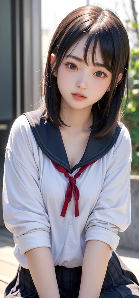 (1 nogizaka girl,ars old face,raw photo,photo realistic:1.5),(best quality, high quality,HDR, highest quality,ultra high resolution,high resolution,high res,ultra high difinition,huge file size,8K,2K wallpaper,8K wallpaper,high quality texture,amazing,an extremely delicate:1.4),one girl, Japanese famous idol,cute face,small face,absurd,ridiculous,incredibly ridiculous,blurry background,(school uniform,sailor suit,short hair,cleavage,no makeup:1.2),medium skin,beautiful skin,detailed skin,black hair,silky hair,black eyes,Japanese nose,5-fingers,(Light Particles, Lens Flare, Luminous Particles: 0.7),looking at viewer,small hands,bright lighting,professional lighting,girl
