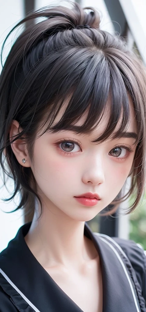 (1 nogizaka girl,15years old face,raw photo,photo realistic:1.5),(best quality, high quality,HDR, highest quality,ultra high resolution,high resolution,high res,ultra high difinition,huge file size,8K,2K wallpaper,8K wallpaper,high quality texture,amazing,an extremely delicate:1.4),one girl, Japanese famous idol,cute face,small face,absurd,ridiculous,incredibly ridiculous,blurry background,(school uniform,sailor suit,short hair,cleavage,no makeup:1.2),medium skin,beautiful skin,detailed skin,black hair,silky hair,black eyes,Japanese nose,5-fingers,(Light Particles, Lens Flare, Luminous Particles: 0.7),looking at viewer,small hands,bright lighting,professional lighting,girl