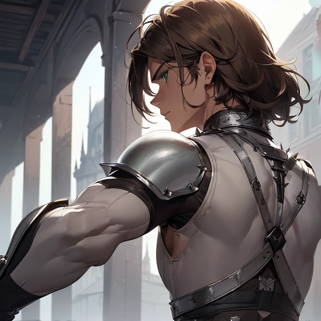 (Absurdres, master piece, best high quality image, very detailed image, carefully detailed textures and pixels, alone solo character, back view)
{{(1character: 40 years old brown-haired warrior man, (fair skin, green eyes, spiky long brown hair, beautiful male, muscular arms, serious expression, defensive position holding a long sword), (white male torso bodysuit, barearms, grey pointy shoulder plates, silver belt, black gloves, grey long sword), (American military camp, afternoon))}}