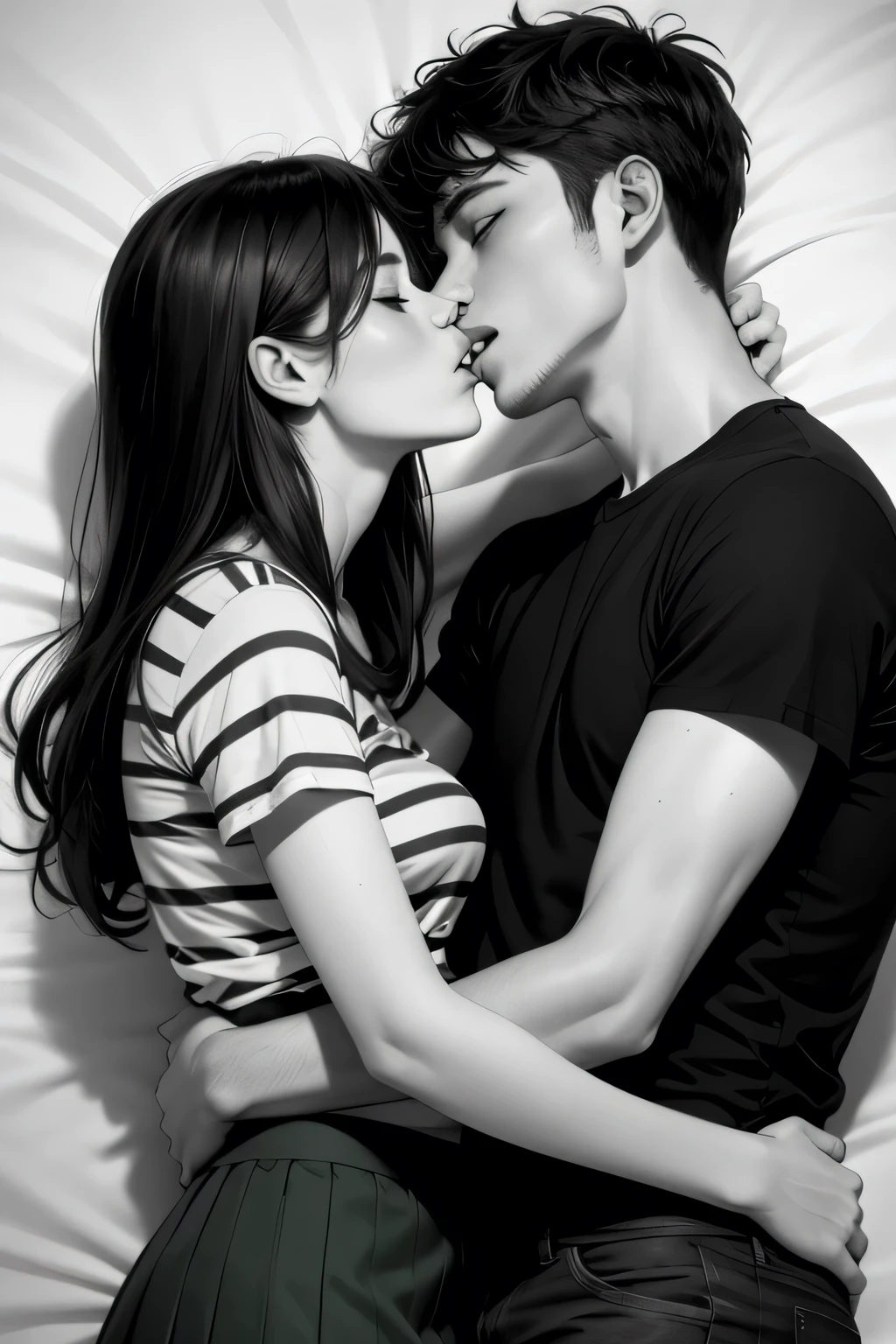 Amazing portrait of a sexy and woman wearing a black and white striped t shirt and a dark green skirt kissing and making out passionately with a shirtless boy on the bed in an intimate setting