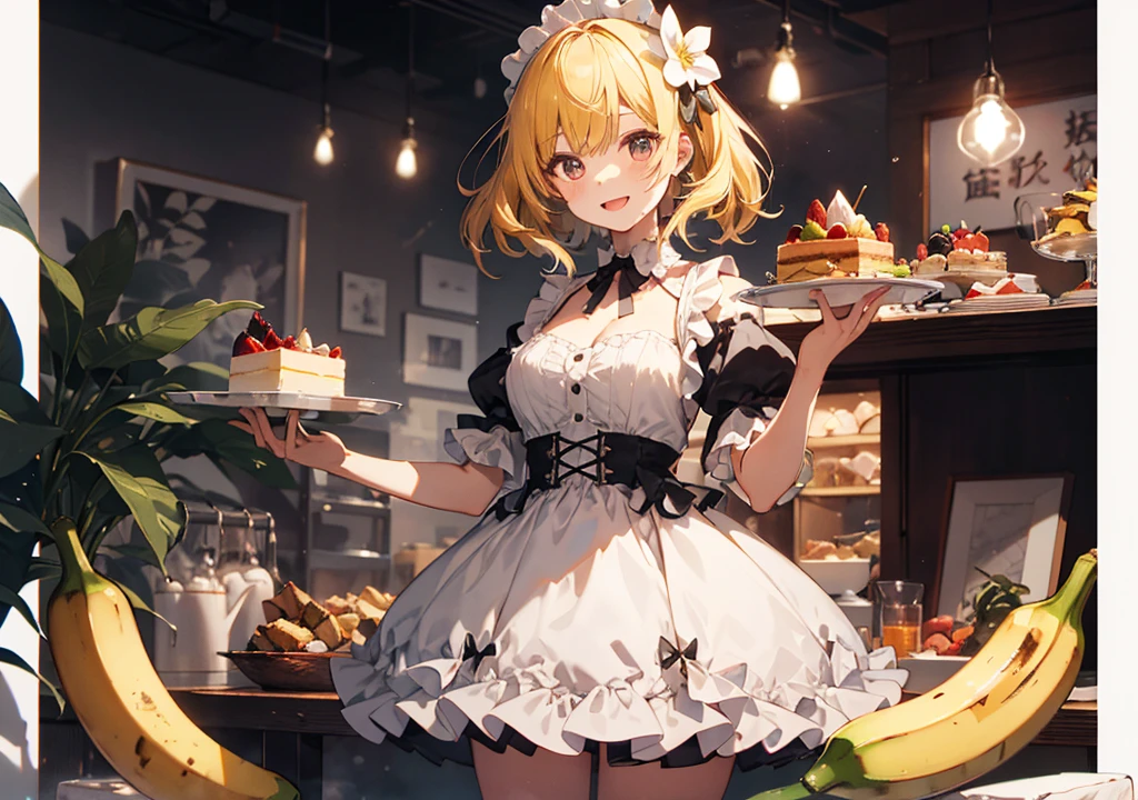 Realistic photos, Focus distance 10mm, Red and white, A big smile, Beautiful girl, Realistic photos, Focus distance 10mmで撮影, masterpiece, 最high quality, high quality, Very detailed CG 8k wallpaper unit, Award-winning photography, Depth of written boundary, High resolution, bloom, chromatic aberration, Realistic, Very detailed, Art Station Trends, CGsociety Trends, Complex, High detail, dramatic, volumetric lighting, Banana Split Cakeが擬人化された美少女, Yellow Hair, A dress with colorful toppings, Banana Tree, Banana Split Cake