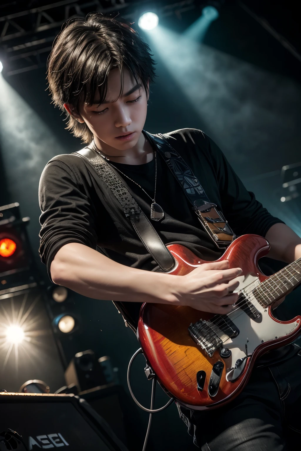 a young man playing electric guitar on stage,rock and roll,energetic,dynamic composition,dramatic lighting,concert,heavy metal,smoke effects,audience silhouettes in background,(best quality,4k,8k,highres,masterpiece:1.2),ultra-detailed,(realistic,photorealistic,photo-realistic:1.37),HDR,UHD,studio lighting,ultra-fine painting,sharp focus,physically-based rendering,extreme detail description,professional,vivid colors,bokeh,concert photography