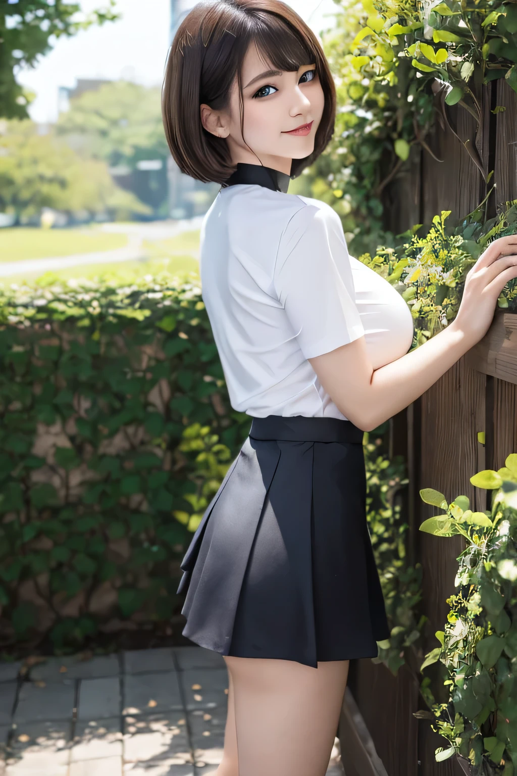 Highest quality, masterpiece, Idol Group、((Layered Haircut)),（8k，Highest quality），Full Body Shot，Shot from medium distances，student，Tight white open-neck shirt、Wear a JK skirt，Full body photo、 Adorable，smile, Brown Hair， 32k, Best image quality，Ultra-high resolution，Perfect hands，Black choker、blue eyes、bangs、Very profuse and very long eyelashes、uniform, grass、garden、Babbling brook、Summer clothes、((Big Breasts))、Short Bob Hair