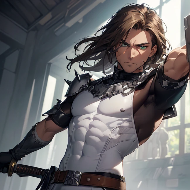 (Absurdres, master piece, best high quality image, very detailed image, carefully detailed textures and pixels, alone solo character, cowboy-shot view)
{{(1character: 40 years old brown-haired warrior man, (fair skin, green eyes, spiky long brown hair, beautiful male, muscular arms, serious expression, defensive position holding a long sword), (white male torso bodysuit, barearms, grey pointy shoulder plates, silver belt, black gloves, grey long sword), (American military camp, afternoon))}}